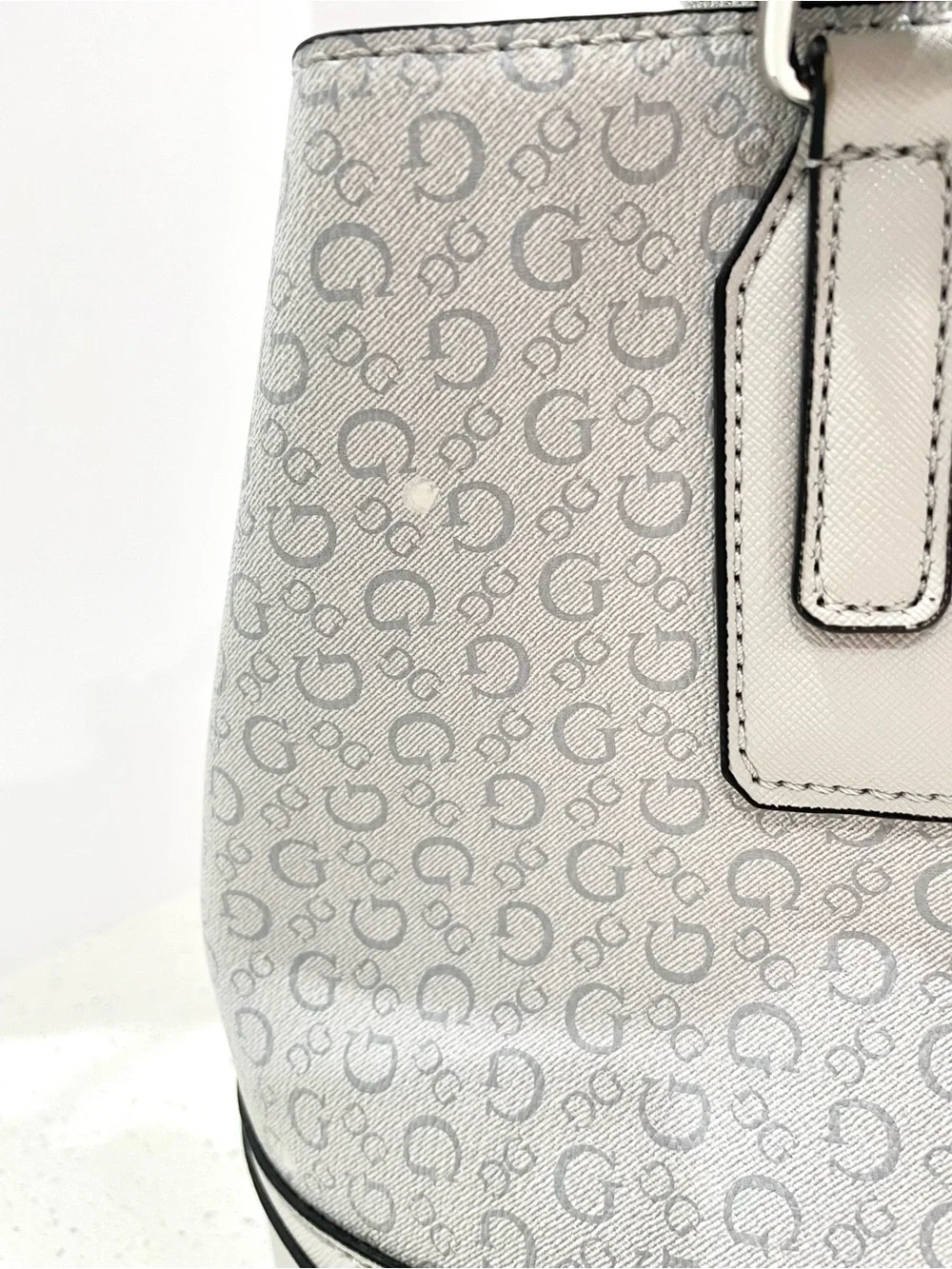 GUESS White Logo-Print Satchel with Silver Hardware